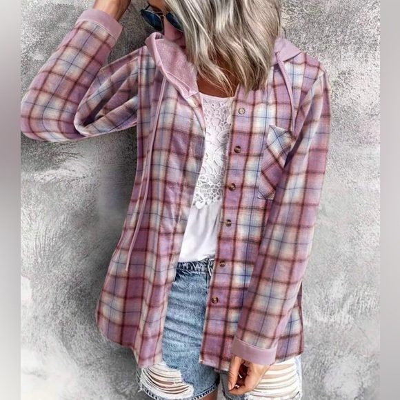 Classic Plaid Checkered Hoodie Button Down Up Shirt Top - Picture 4 of 10